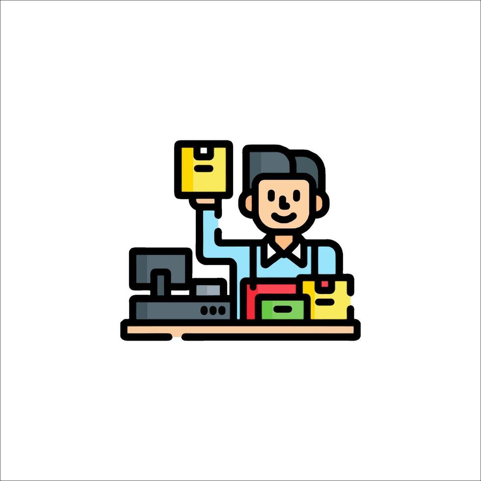 A man is holding a box of papers in front of a desk vector