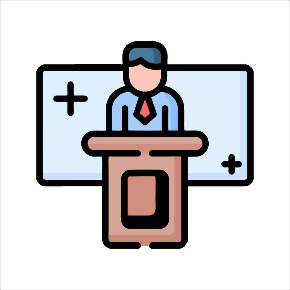 A man is standing at a podium with a computer screen behind him vector
