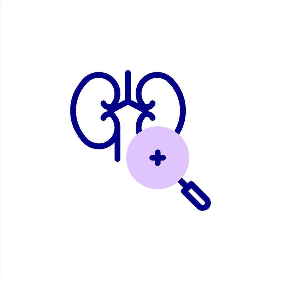 A blue icon of a kidney with a magnifying glass vector
