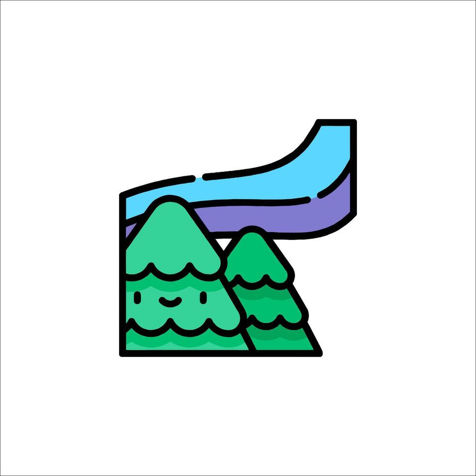 A cartoon mountain with a rainbow and trees vector