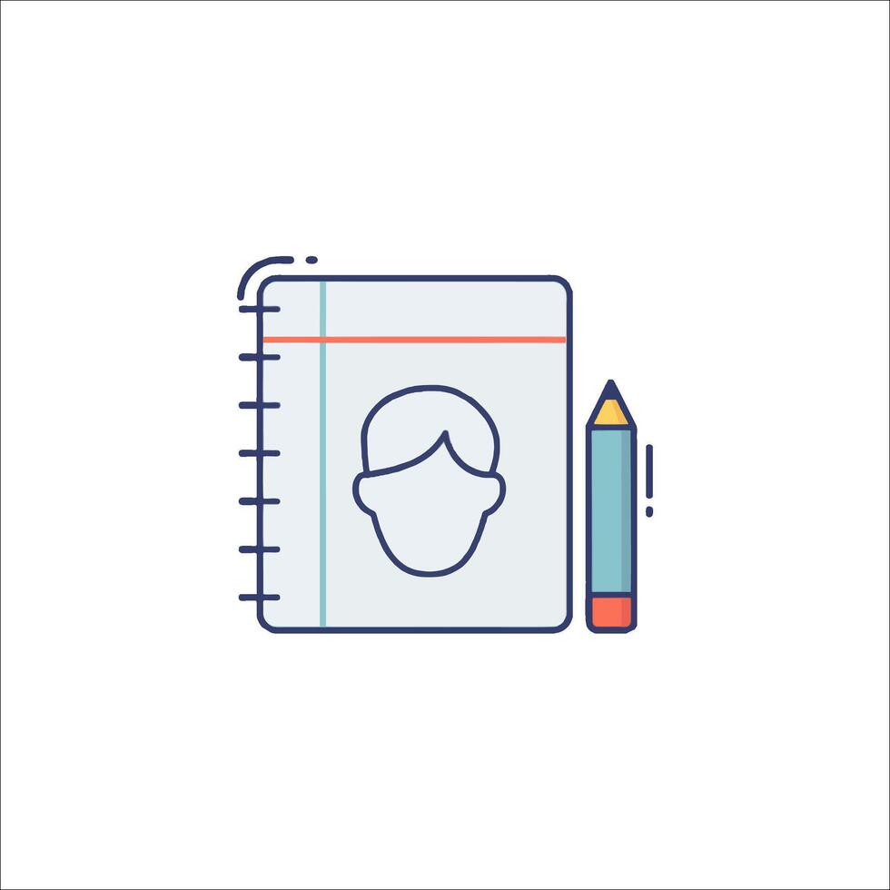 A notebook and pencil icon with a person's head vector