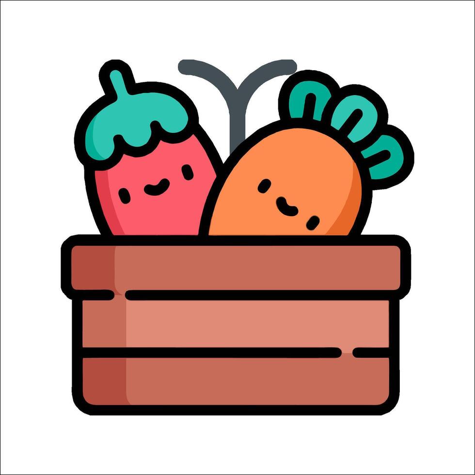 A cartoon fruit and vegetable in a wooden box vector