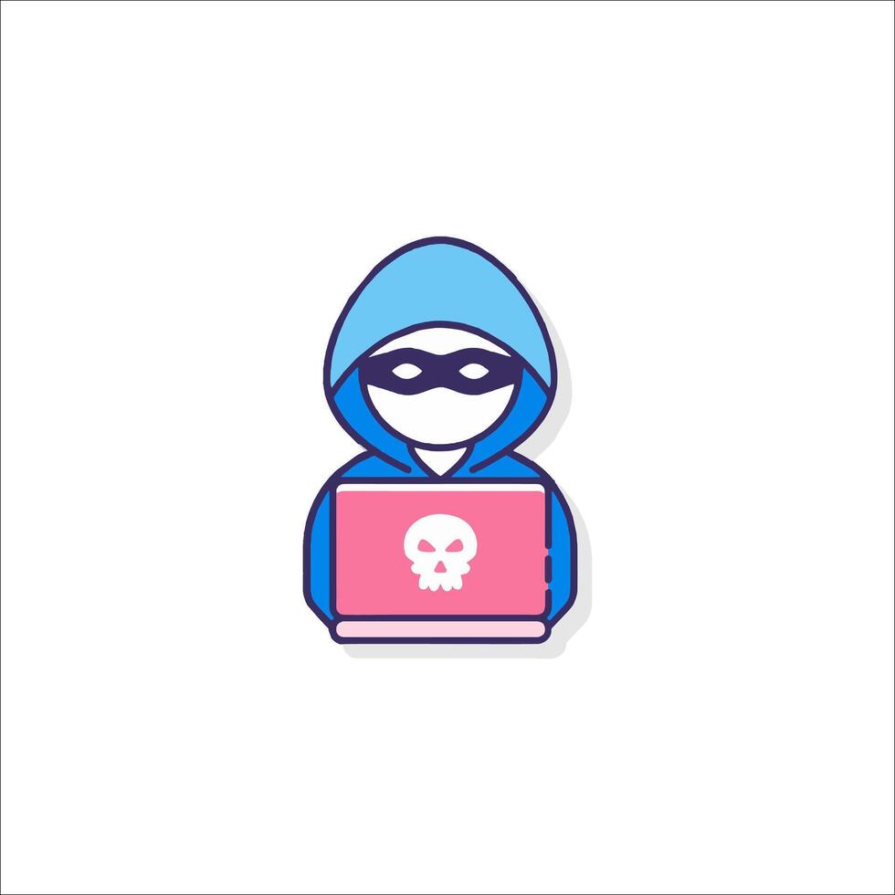 A person in a hoodie holding a laptop with a skull on it vector