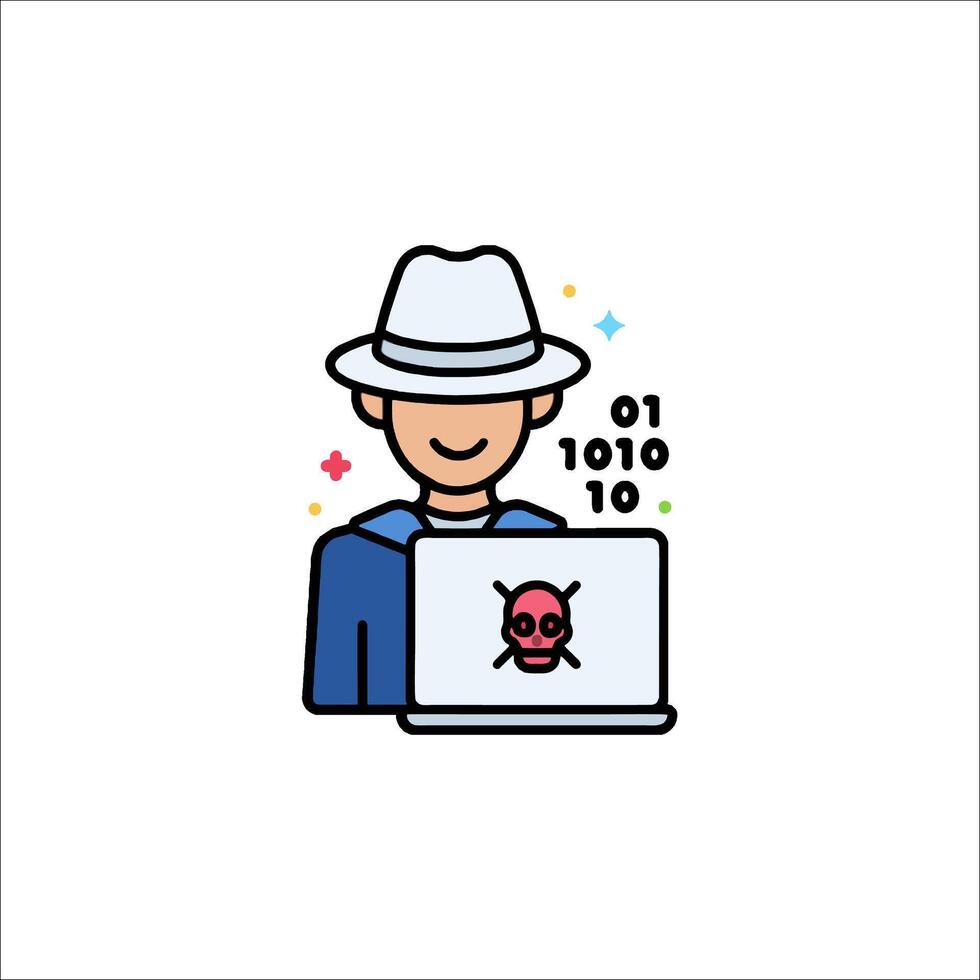 A man wearing a hat and a skull on his laptop vector