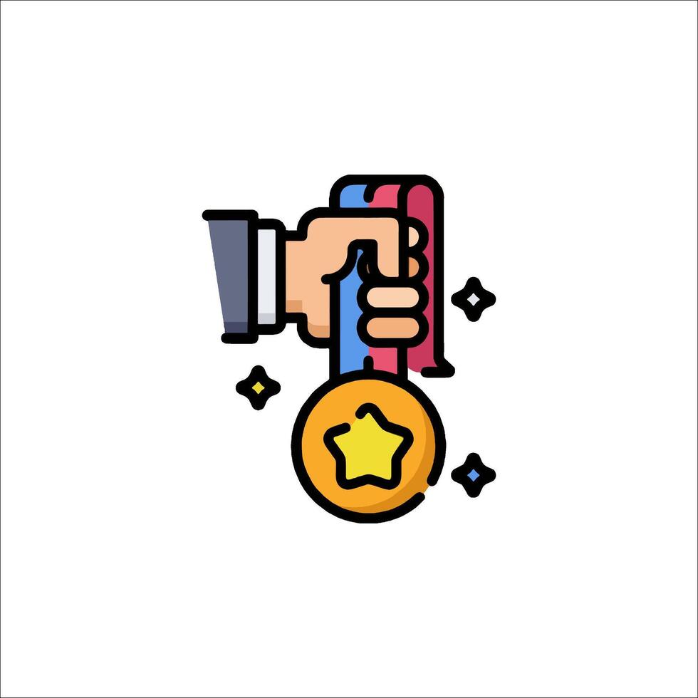 A hand holding a gold medal icon vector