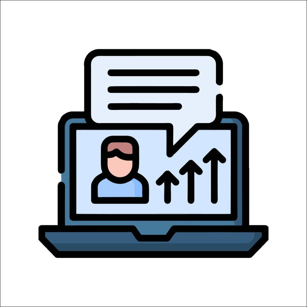 A laptop with a speech bubble and an arrow pointing up vector