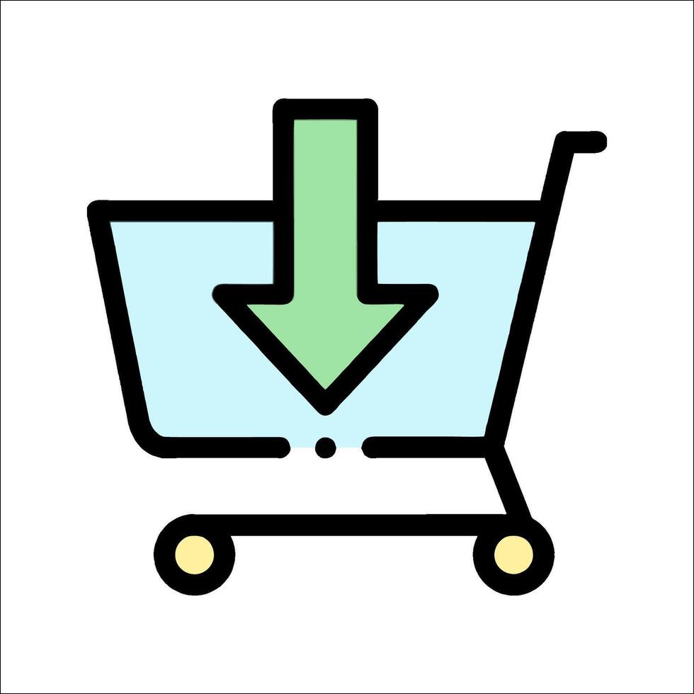 A shopping cart with an arrow pointing down vector