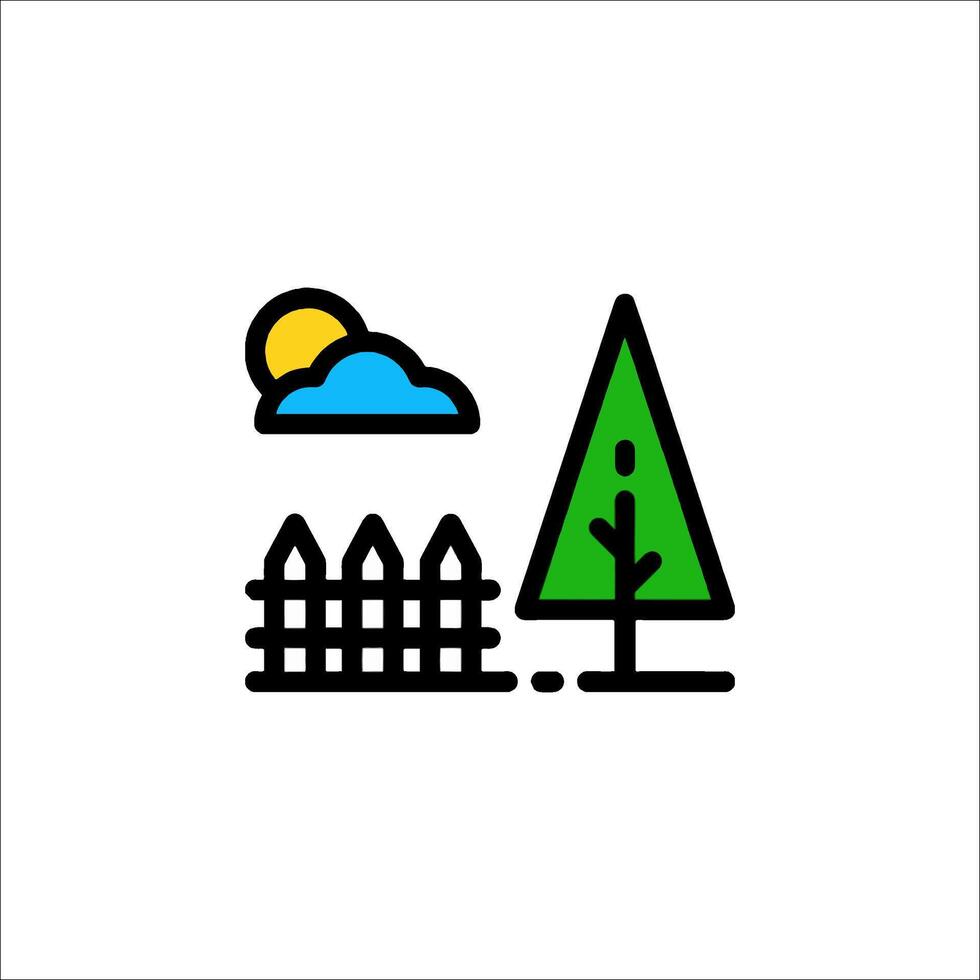 A tree and fence with a sun and clouds vector
