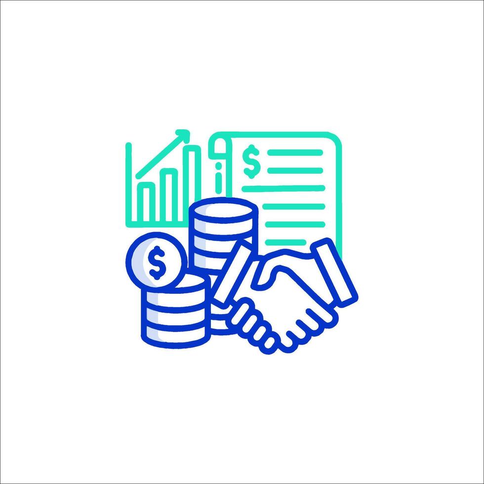 A hand shaking with stacks of money and a dollar sign vector