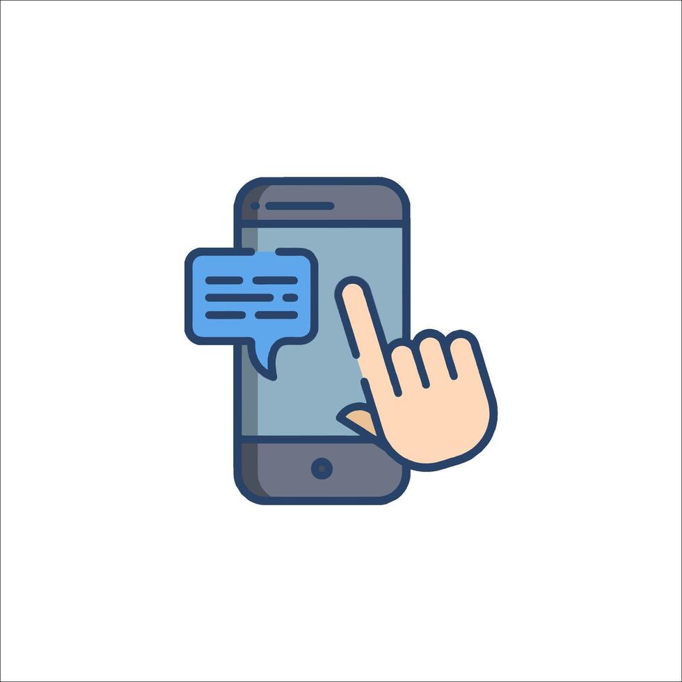 Hand pointing to a phone with a chat bubble vector