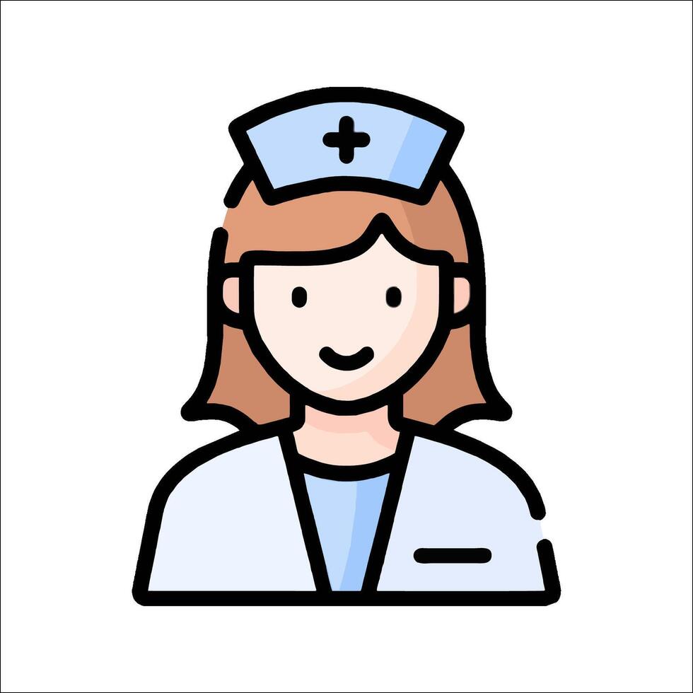 A woman in a nurse's uniform is shown in a flat line icon vector