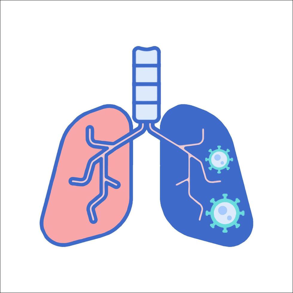 The lungs are shown with a virus on the left and a blue and pink virus on the right vector