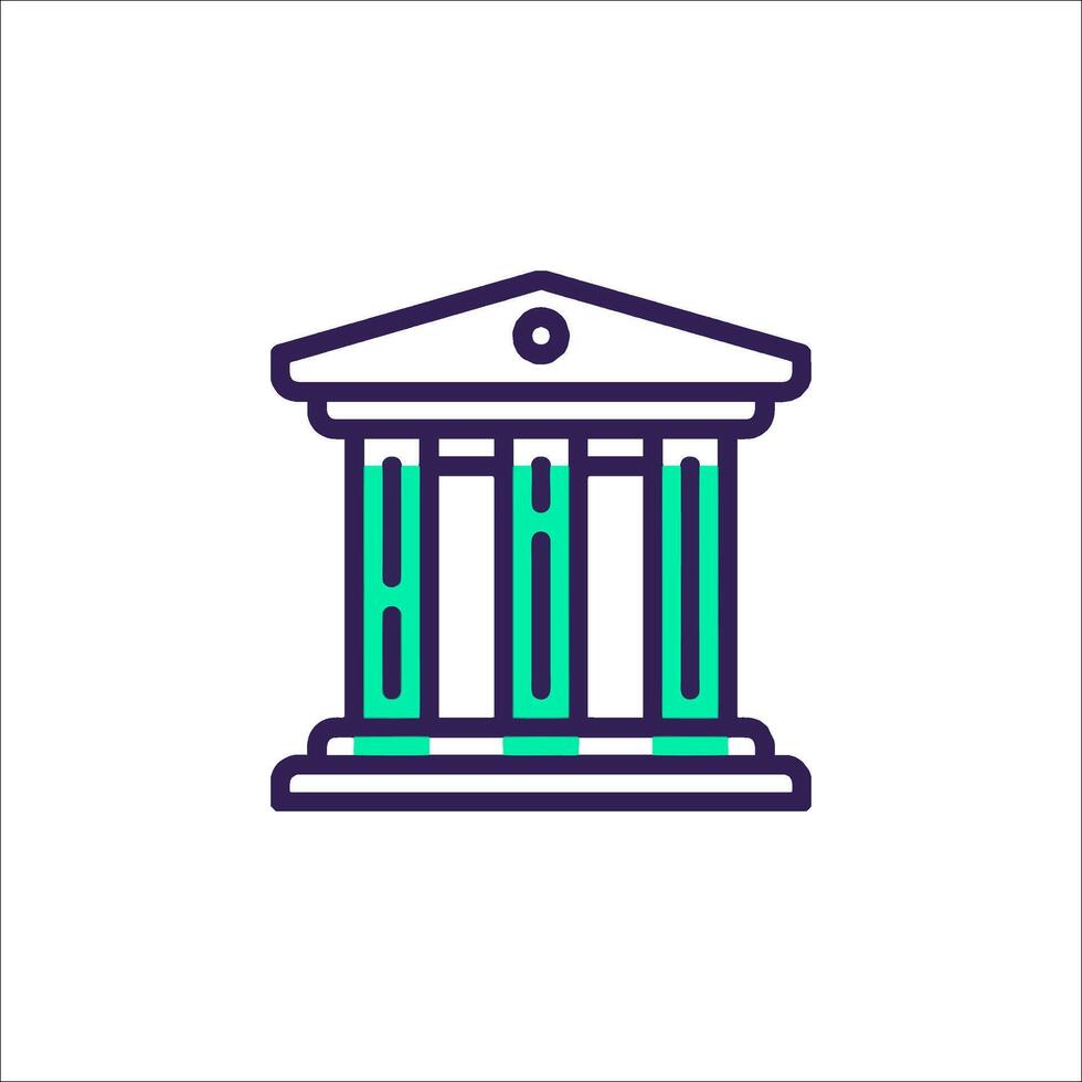 A bank building icon with columns and a green and blue color vector