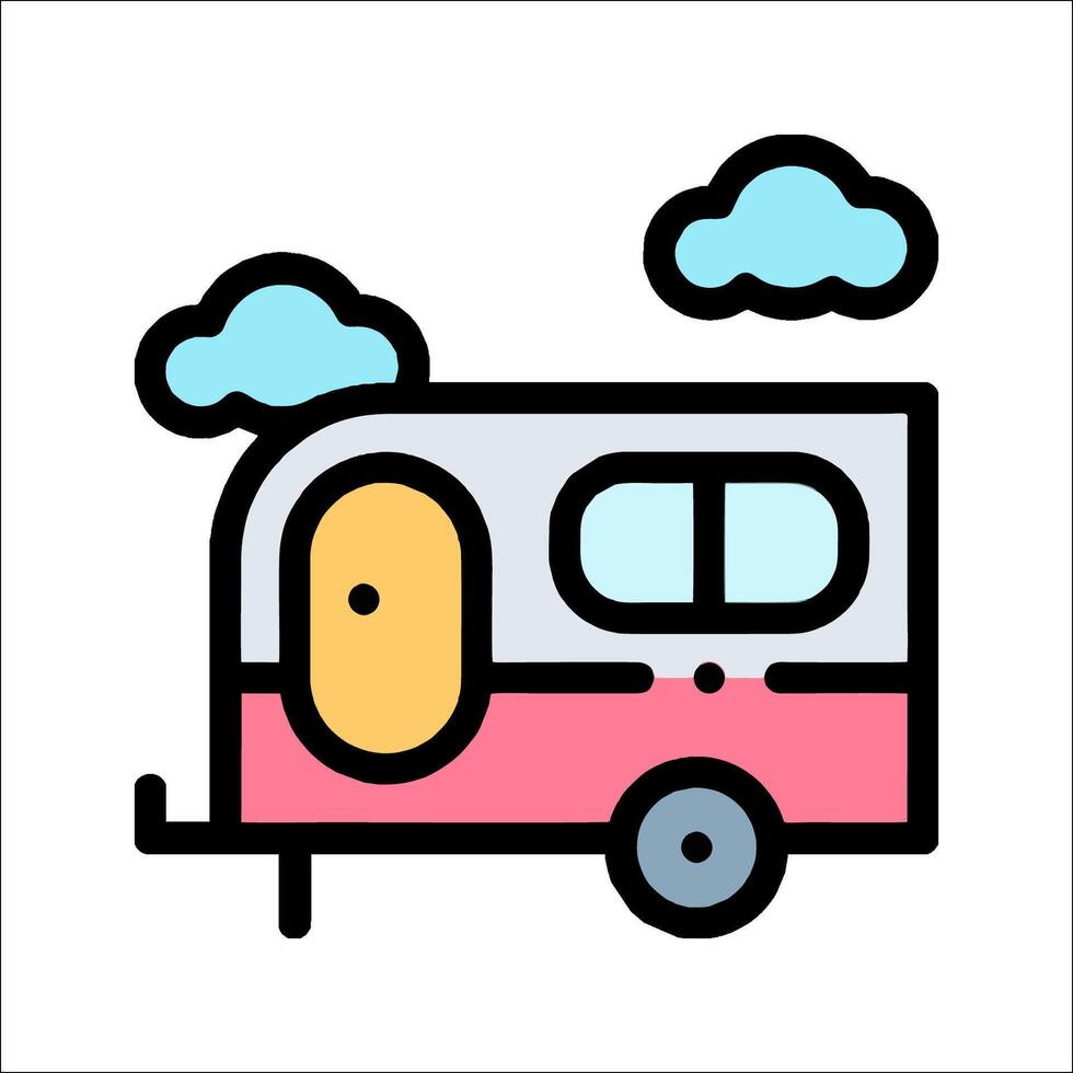An icon of a camper trailer with clouds and a blue sky vector