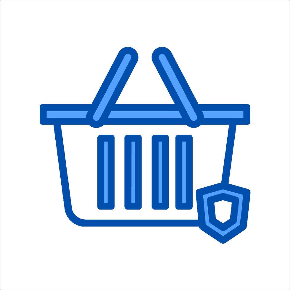 A blue icon of a shopping basket with a shield vector