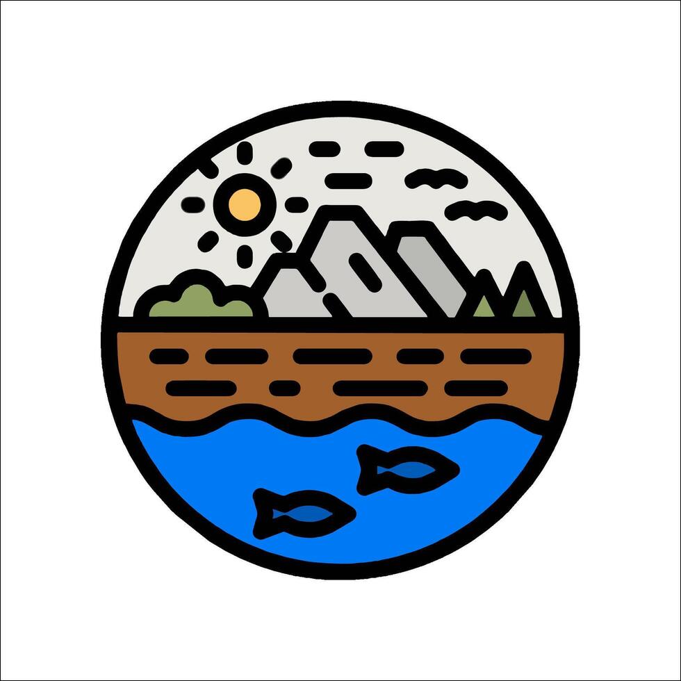 A mountain and lake in a circle with a sun and clouds vector