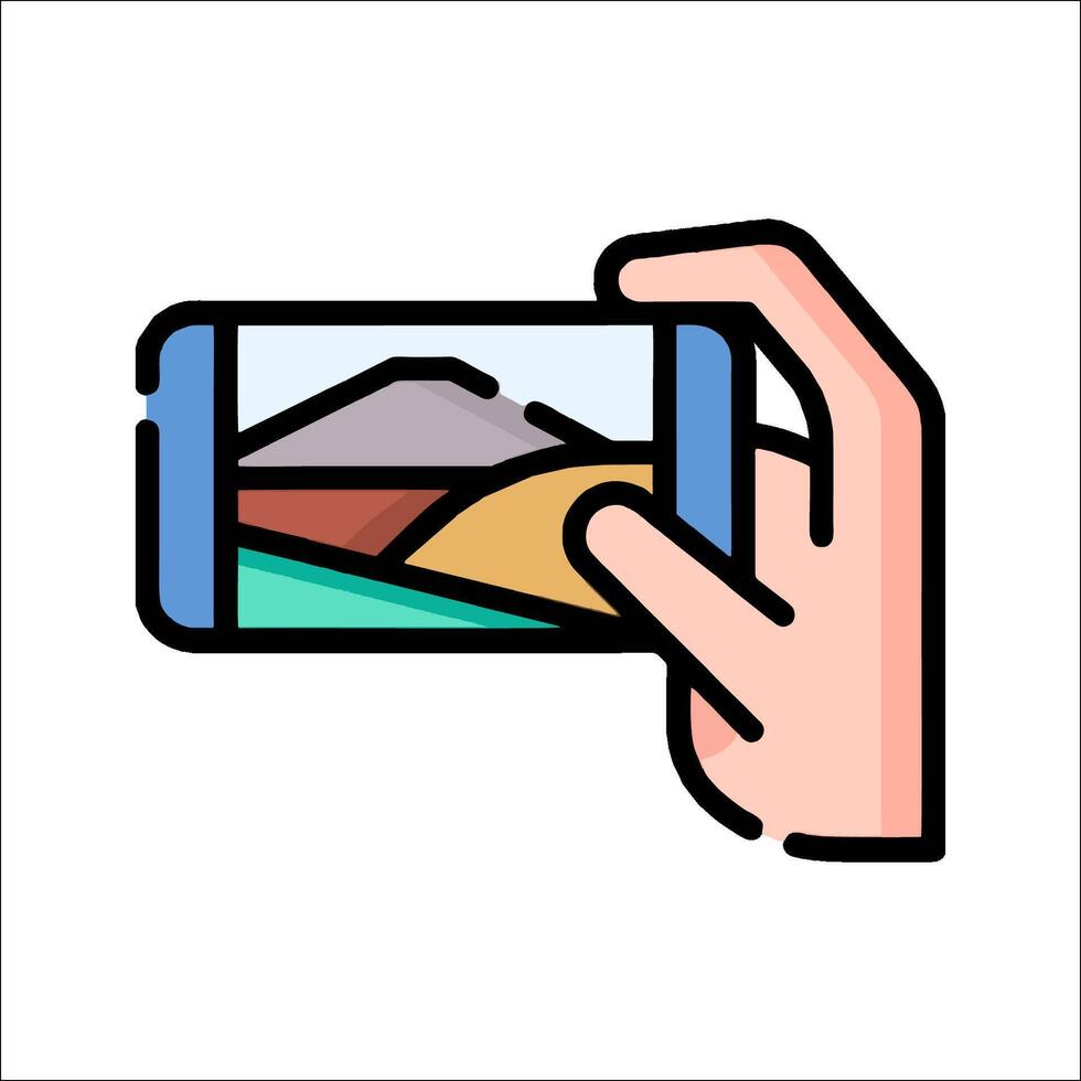 Hand holding a smartphone with a landscape view vector