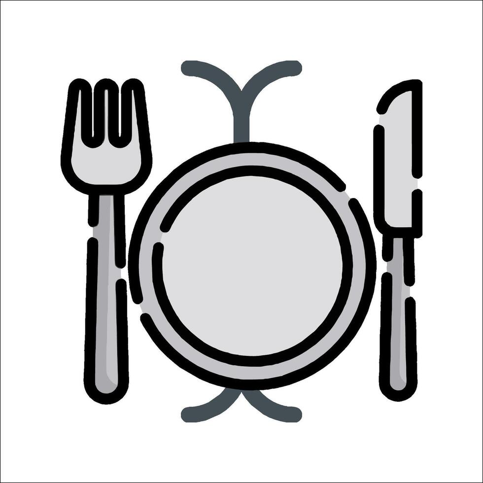 A plate, fork and knife are shown in a line vector