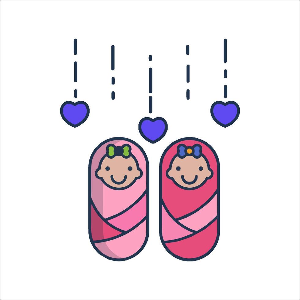 Two babies in pink blankets with hearts vector