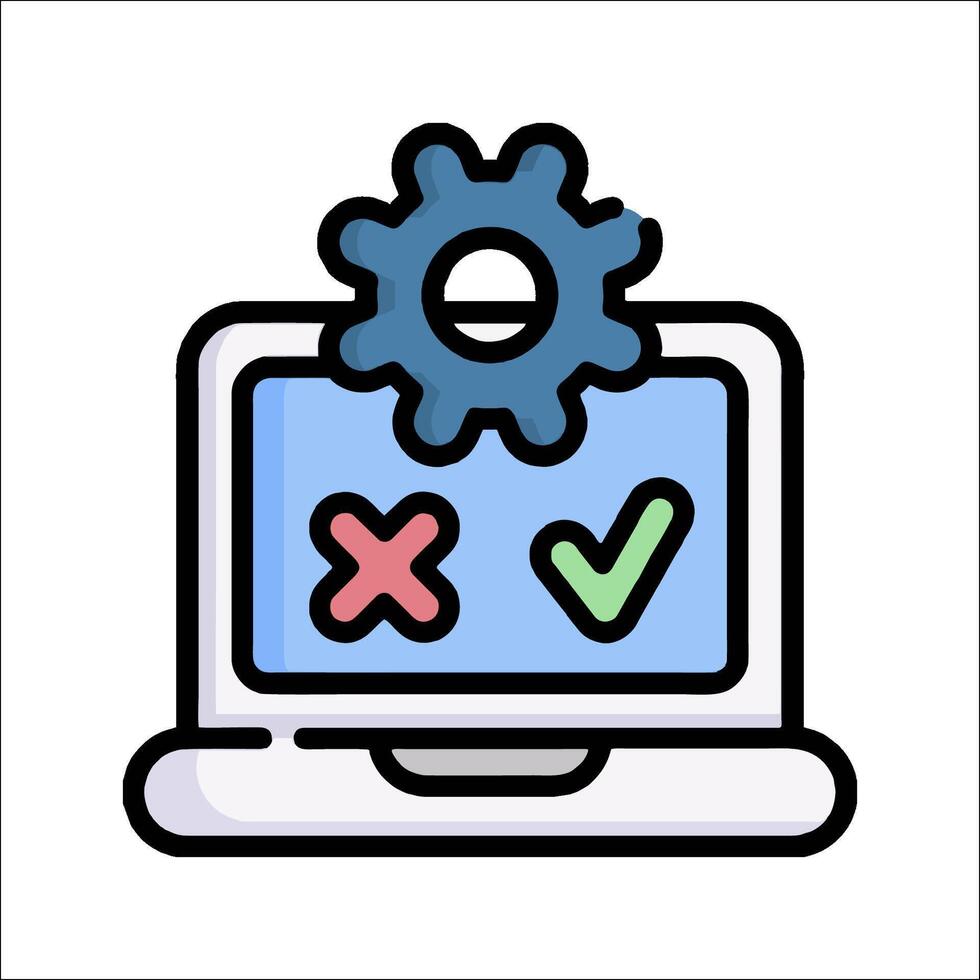 A laptop with a check mark and gear wheel icon vector