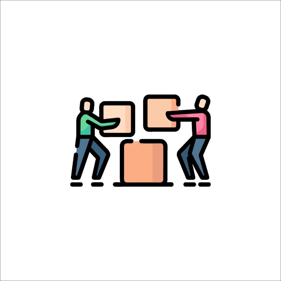 Two people are moving boxes on a white background vector