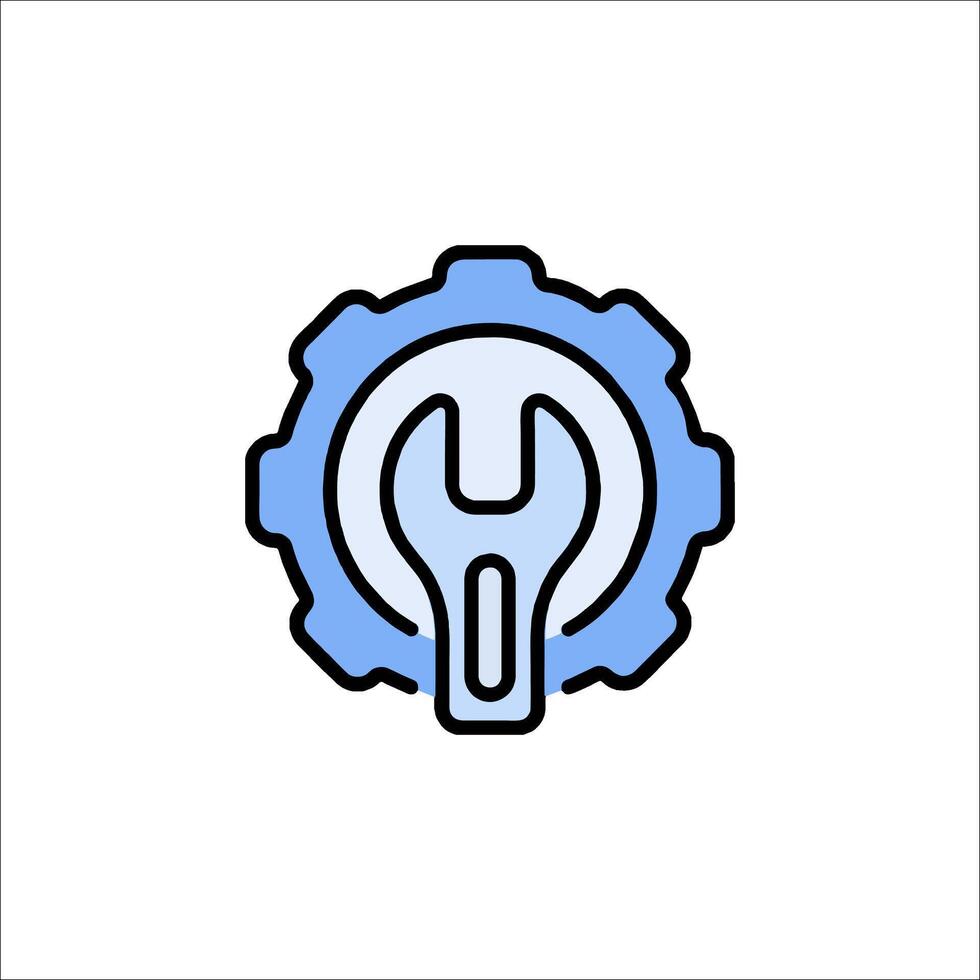 A blue and white icon of a wrench in a gear wheel vector