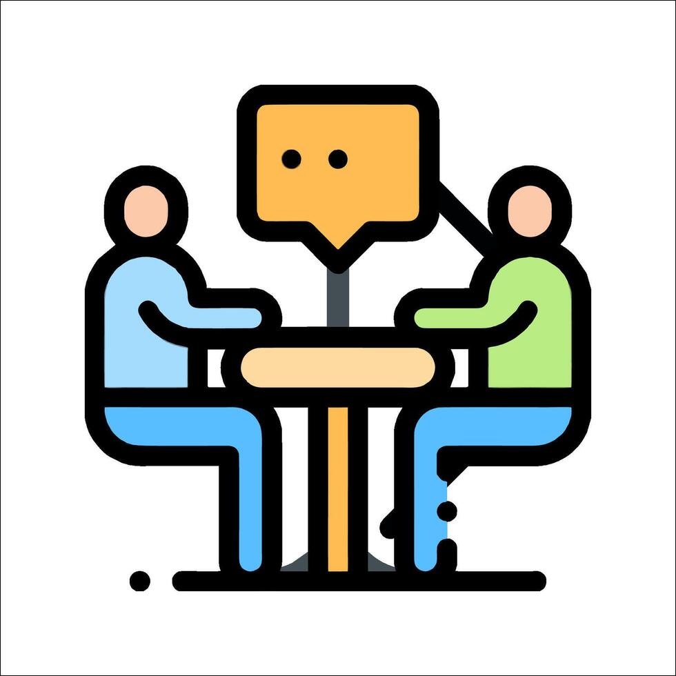 Two people sitting at a table with a speech bubble vector