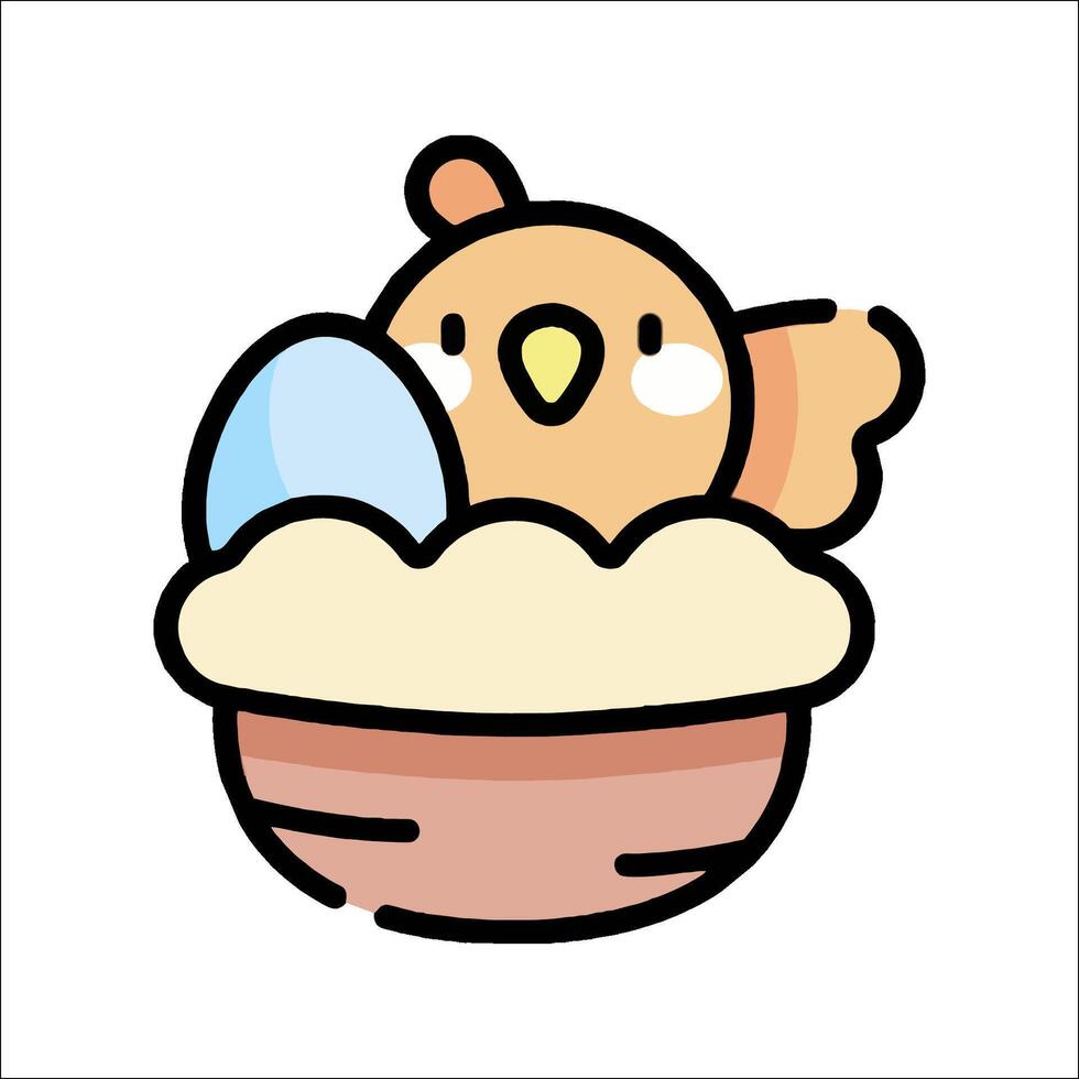 A cartoon chicken sitting in a basket with an egg vector