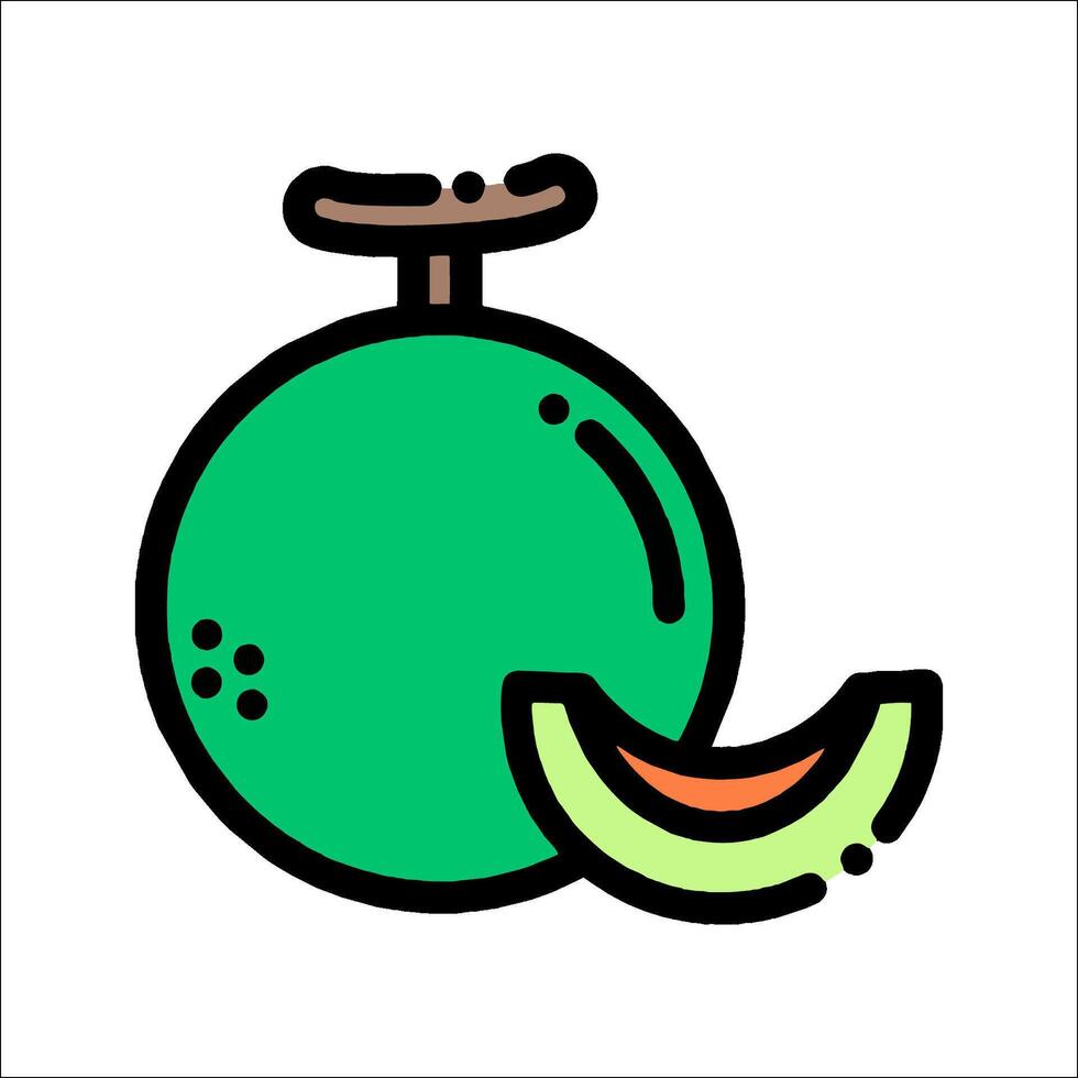 A green apple and a slice of melon are shown in a line drawing vector