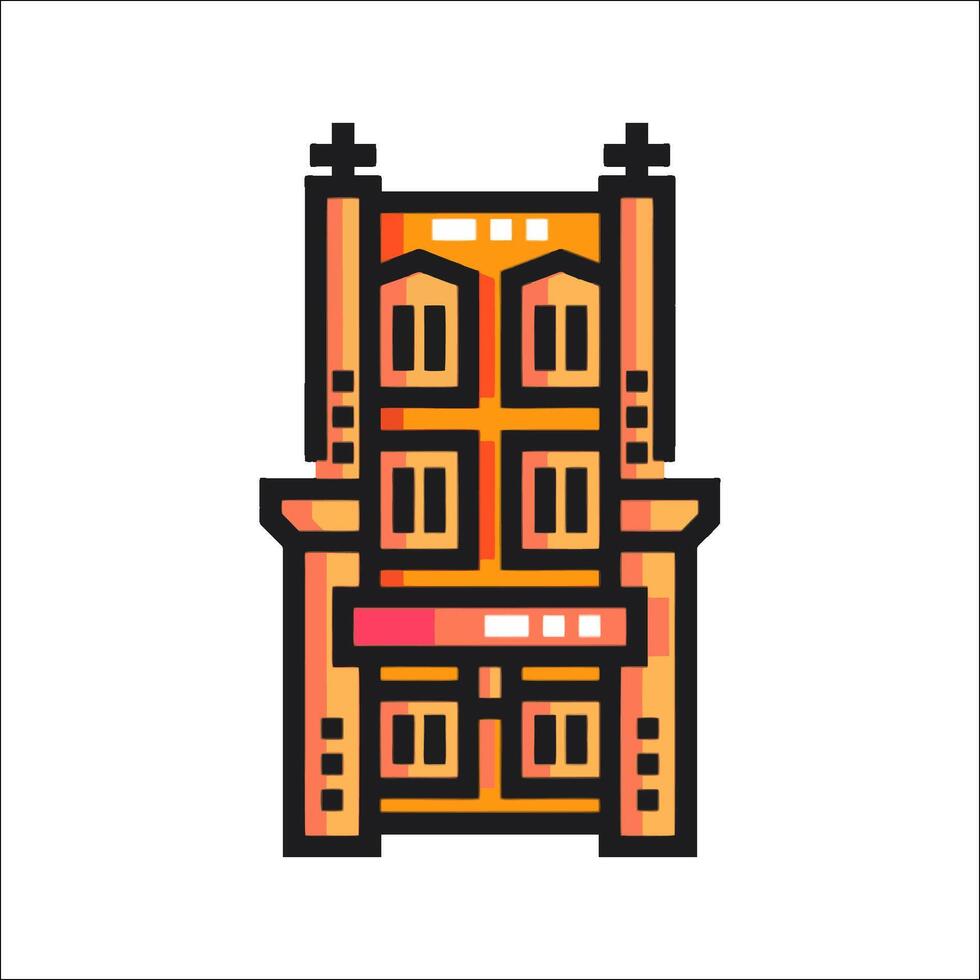 A building with a clock on it in a pixel style vector