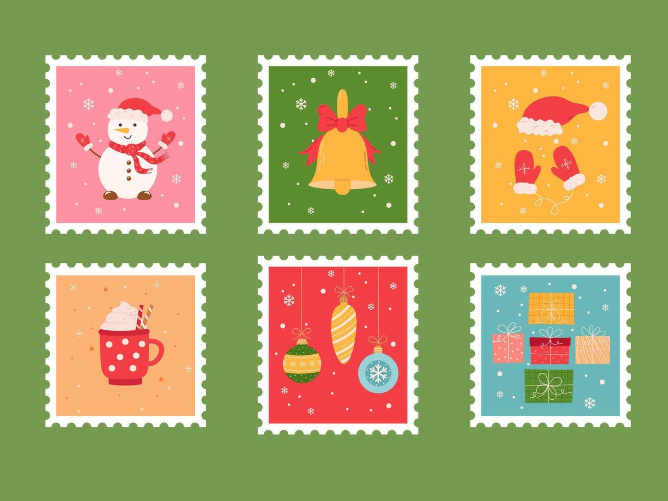 Postage stamp set of Christmas and Happy New Year post card illustration. vector