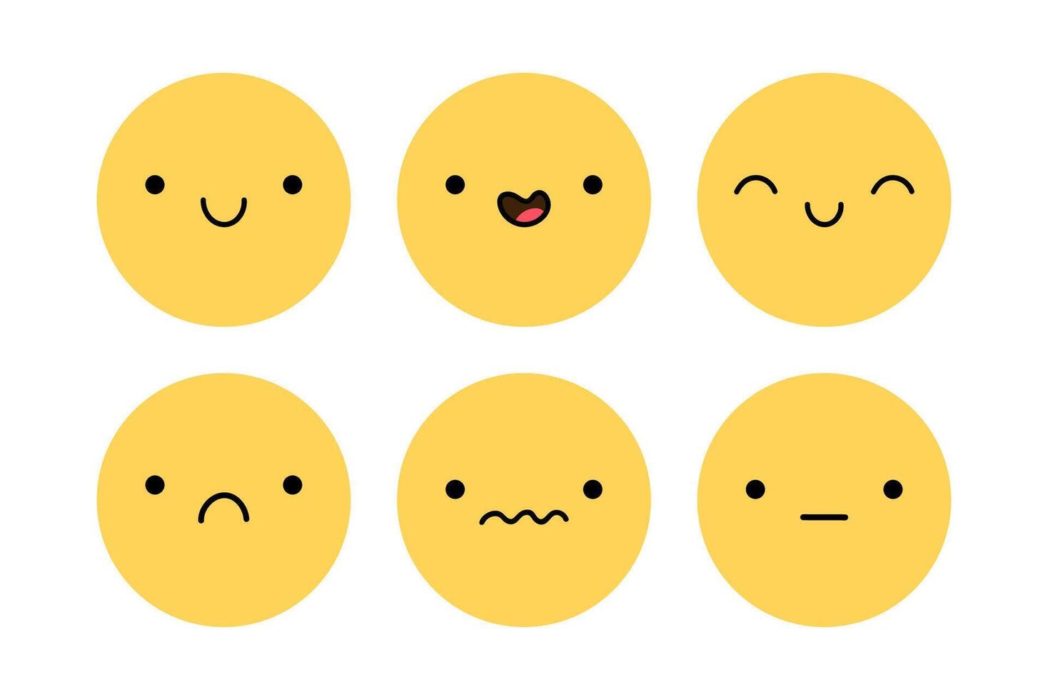 A cute emoji set with different facial expressions. Yellow characters with happy, joyful, sad, disappointed, surprised mood. flat illustration. Perfect for social media, stickers. vector