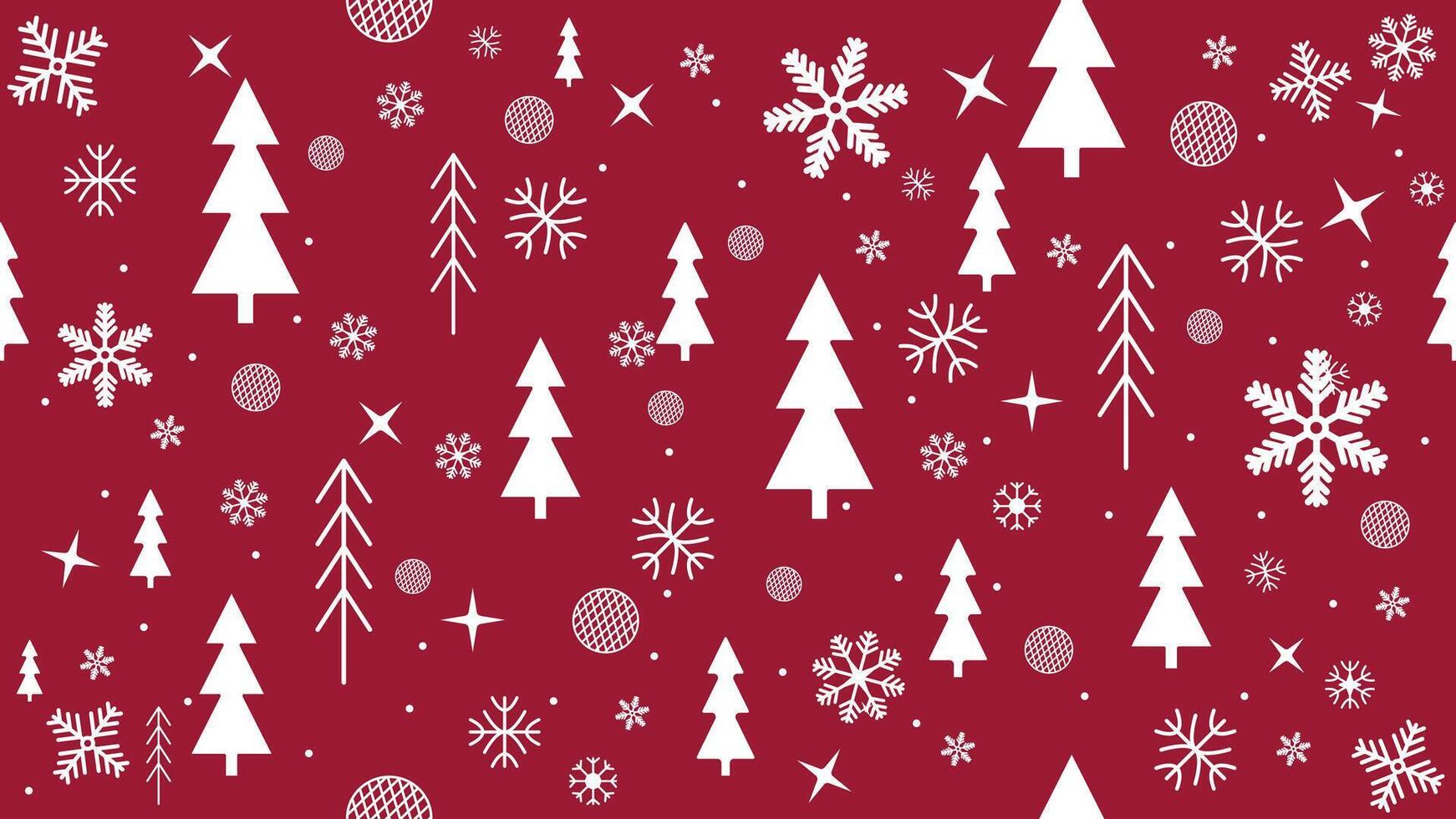 White snowflakes and christmas trees seamless pattern with festive geometric elements with stars and bauble on red background vector