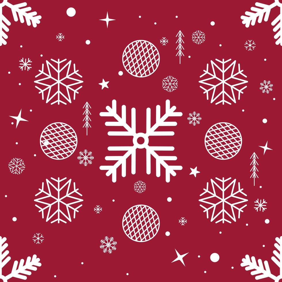 Abstract Seamless Pattern white Snowflakes and ornamented bauble on red background for Christmas and New Year, texture clothing scarf decoration vector