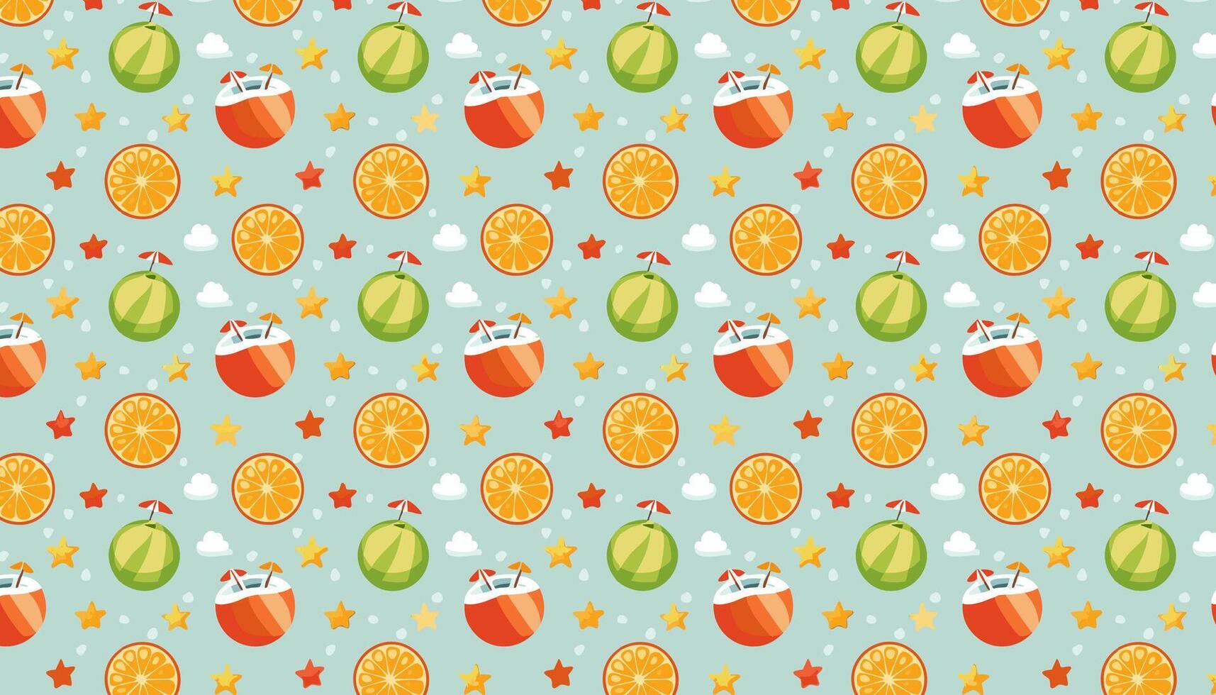 Summer party pattern with oranges and coconuts with straws on a blue background vector