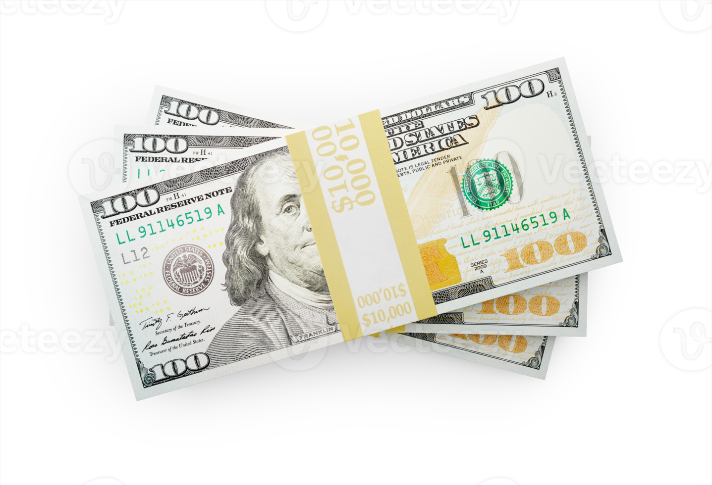 Overhead of Stacks of One Hundred Dollar Bills. Transparent . png