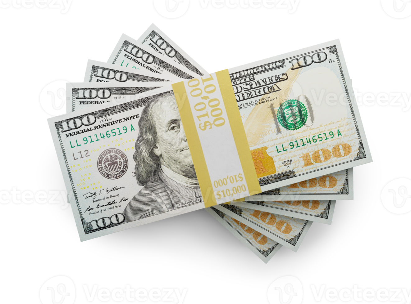 Fifty Thousand Dollars Stack of One Hundred Dollar Bills Isolated. Transparent . png