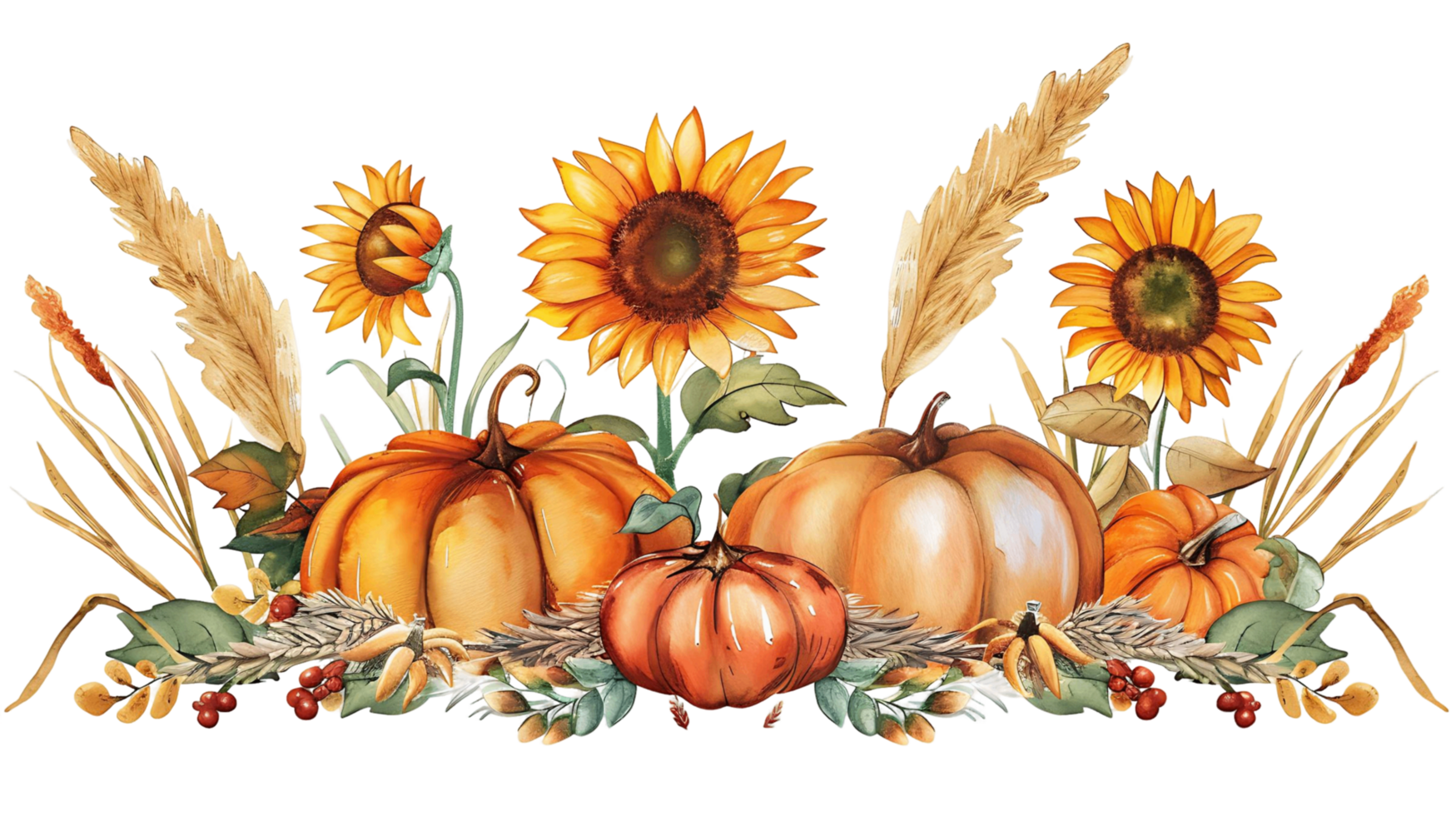 Harvest Festival Watercolor Art with Pumpkins and Sunflowers png