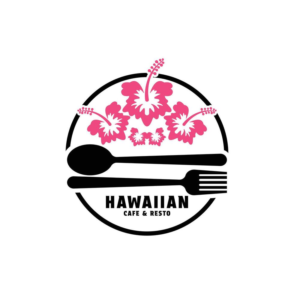 hawaiian cafe and resto concept design logo with hibiscus flower with spoon and fork vector