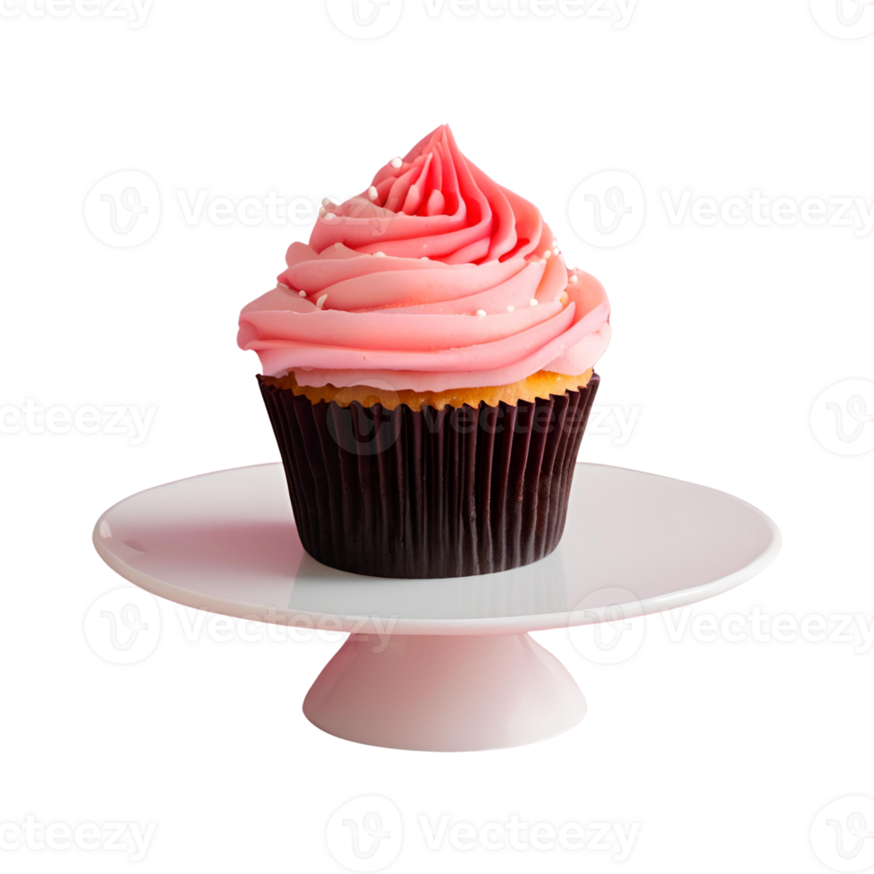 A cupcake on a white plate with pink frosting png