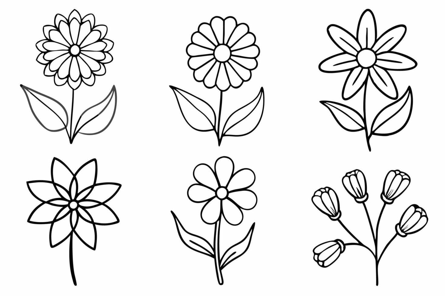 A set of flowers that are outlined in black and white vector
