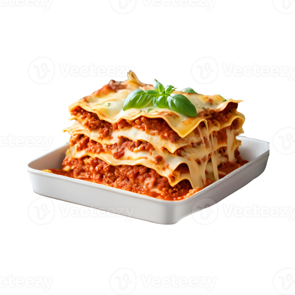 A stack of lasagna on a white plate png