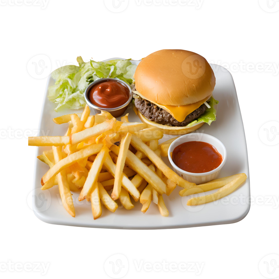 A plate with a burger and fries on it png