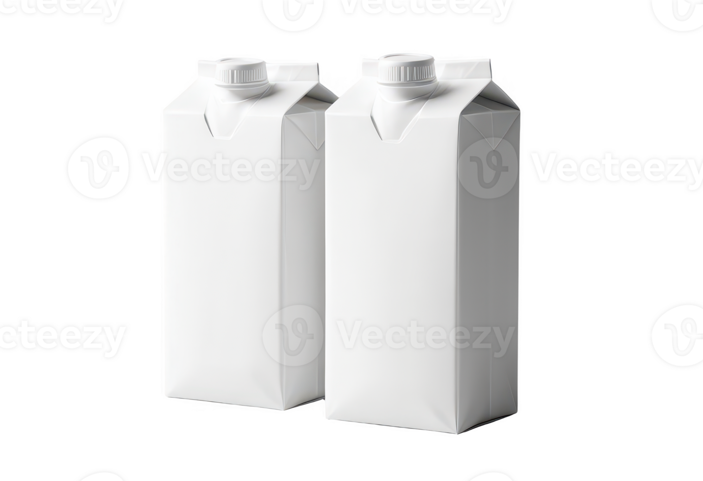 Two blank white beverage cartons with screw caps isolated on transparent background. Product packaging mockup for milk, juice, or liquid products. Design for packaging, banner, and advertising. png