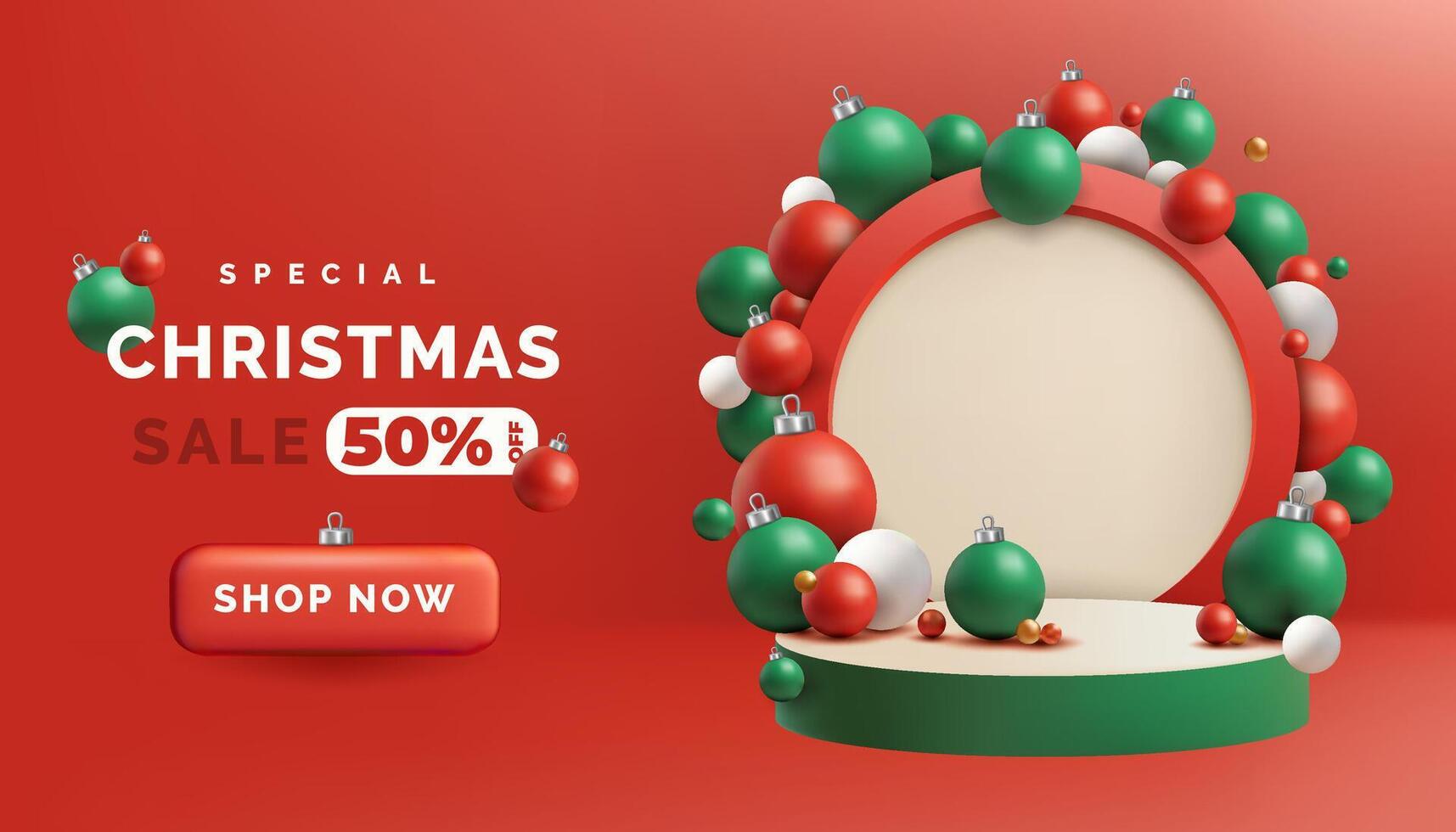A red and green 3D Christmas podium scene with shiny holiday spheres hanging above, ideal for festive promotions, gift displays, or greeting card templates. Sale banner. Modern and elegant. Not AI. vector