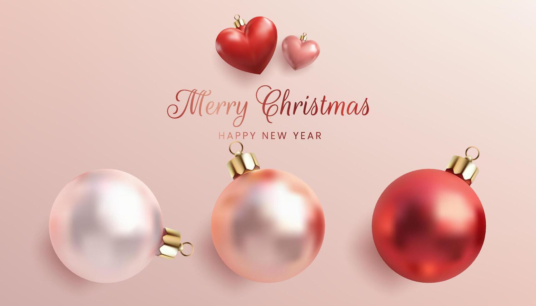 3D shiny Christmas balls in pink, red, and rose gold. Heart shape toys. The glossy, round spheres are isolated on a white background, perfect for holiday decor and greeting cards. Not AI. vector