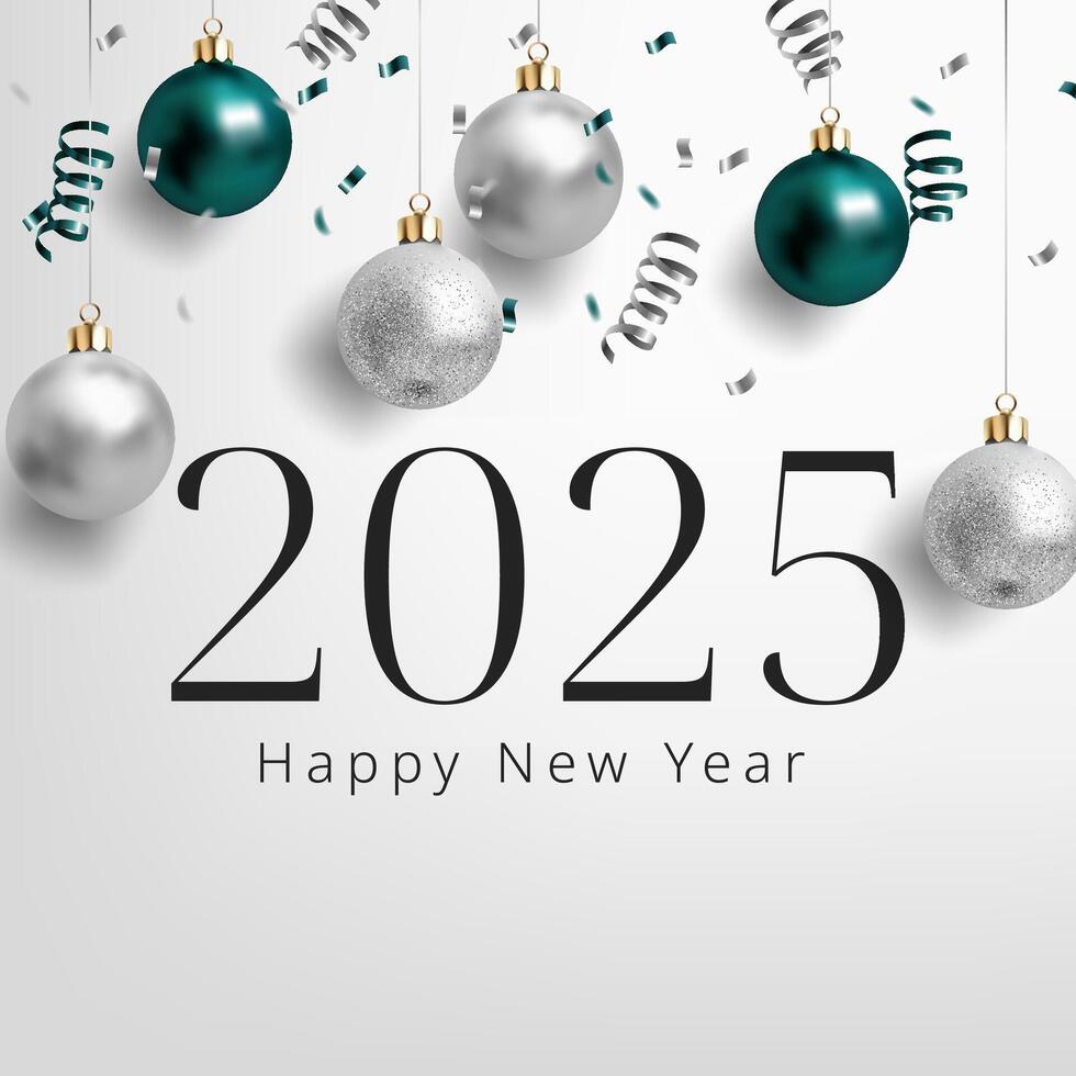 A festive 2025 New Year banner with glowing green and silver spheres, and confetti. Abstract background ideal for cards, posters, and celebrations. Not AI. vector