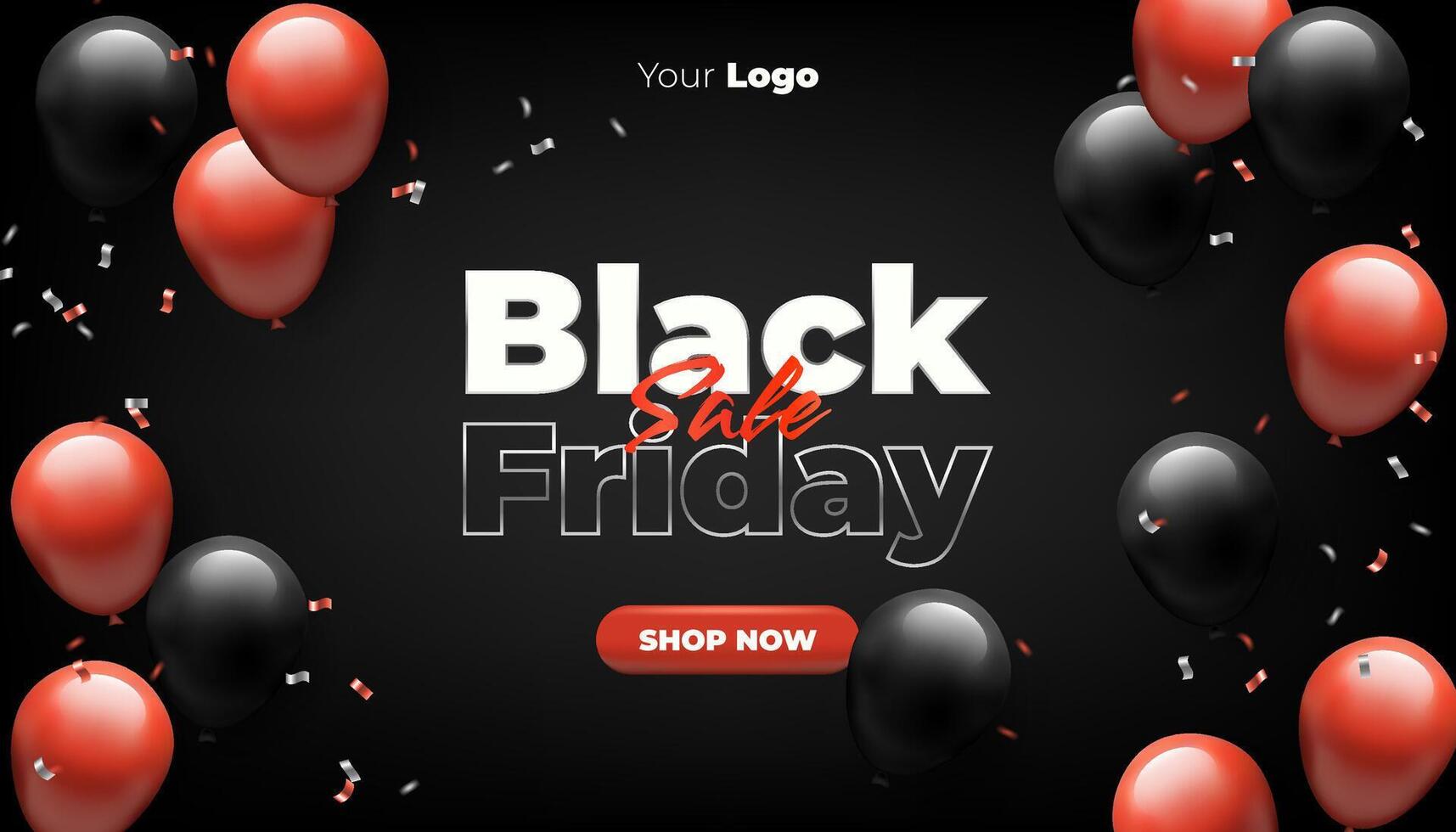 A sleek Black Friday 3D banner featuring red and black balloons, confetti, and a shiny sale sign. Perfect for retail promotions, web banners, or posters with an elegant, festive vibe. Not AI. vector