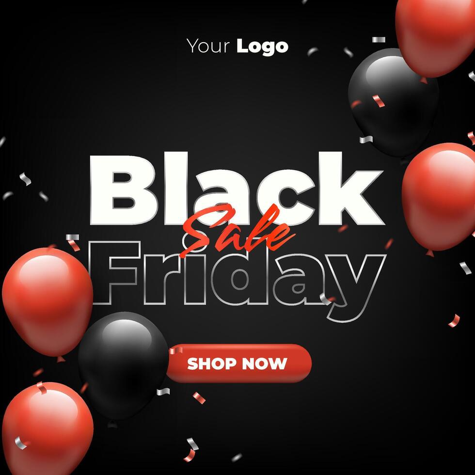 A sleek Black Friday 3D banner featuring red and black balloons, confetti, and a shiny sale sign. Perfect for retail promotions, web banners, or posters with an elegant, festive vibe. Not AI. vector