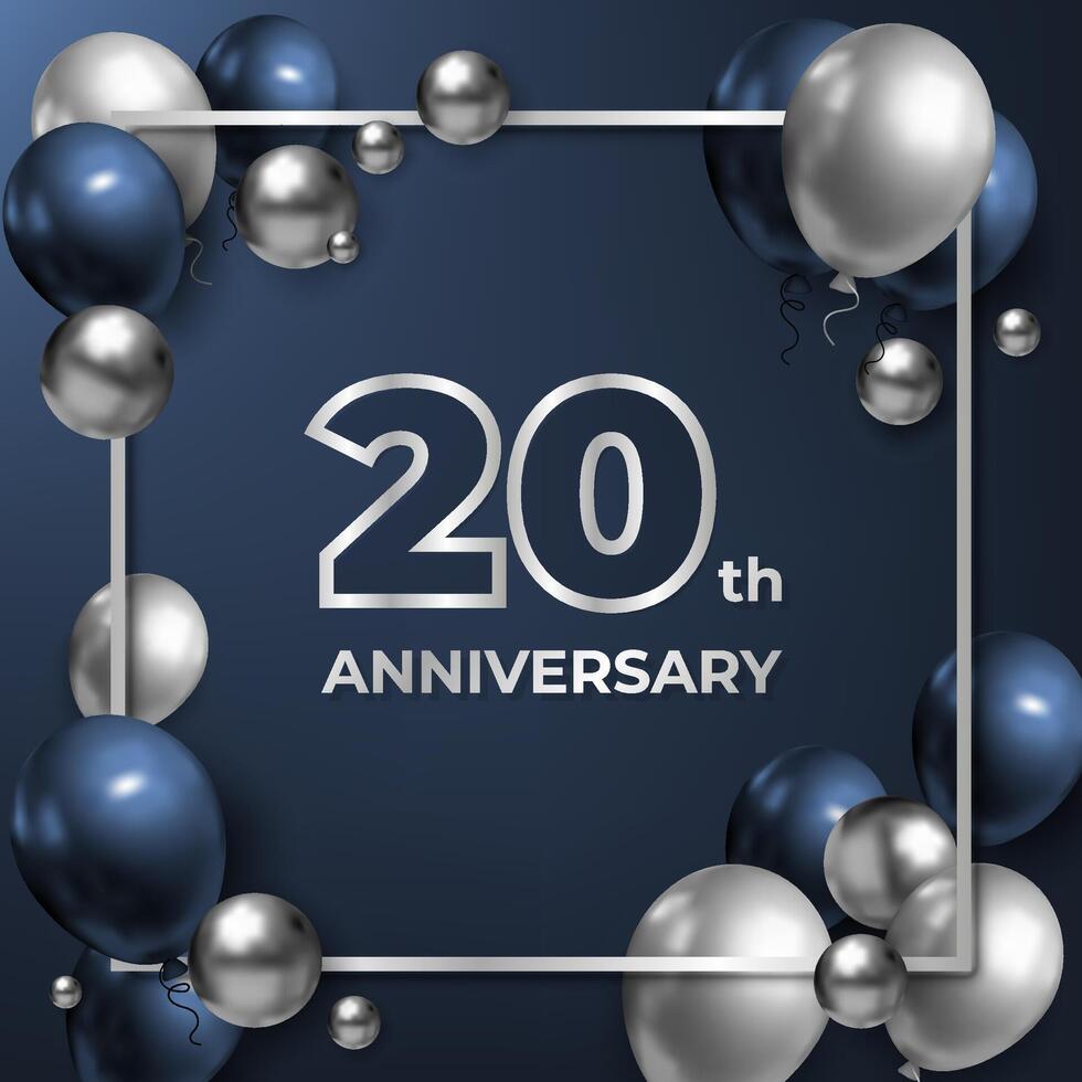 A 3D anniversary banner with balloons and silver balls in blue tones. For advertisements, greeting cards, or web banners, featuring a modern, festive design. Not AI. vector